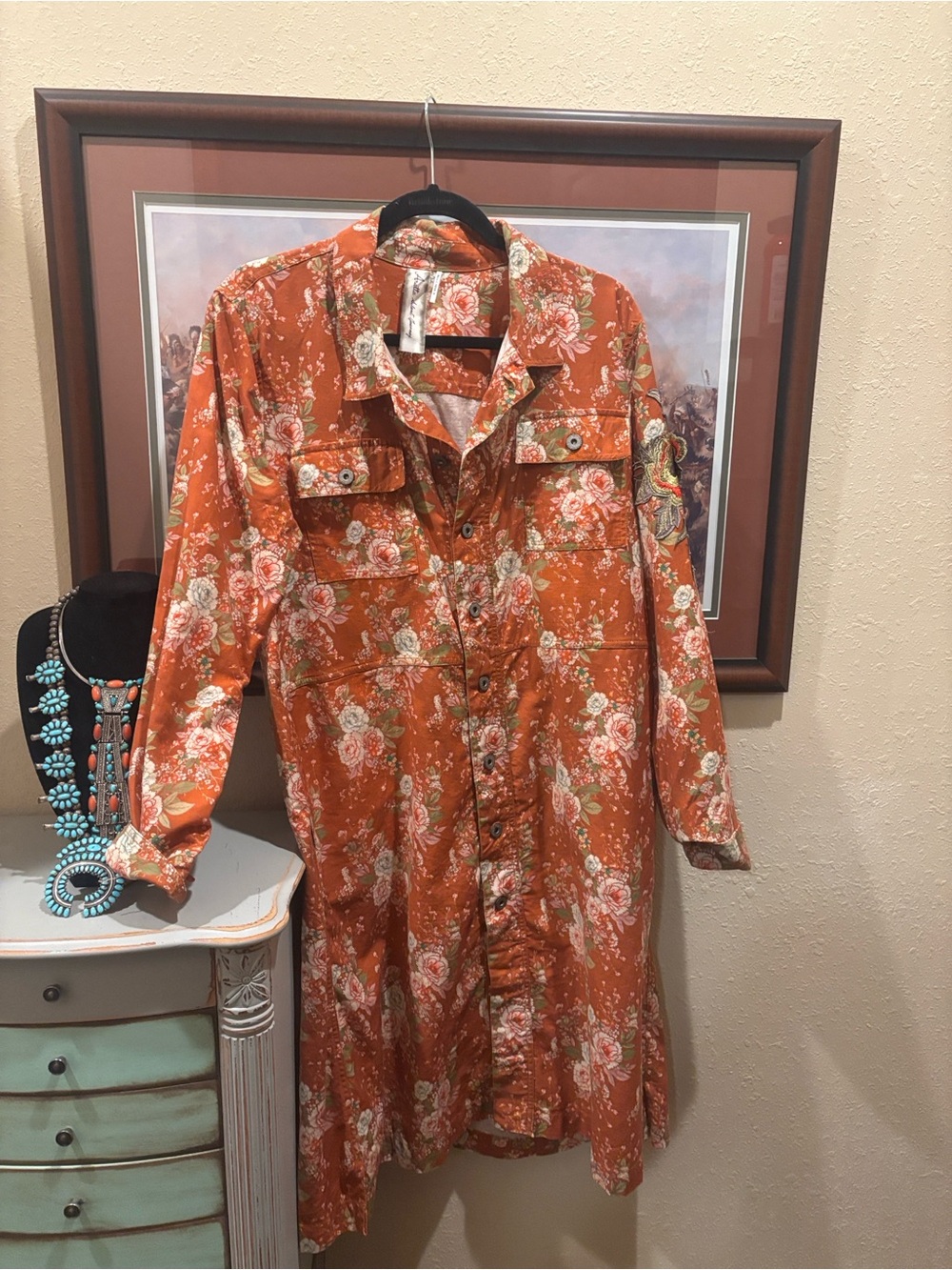 Orange Floral Button-Up Dress Shirt Aratta M